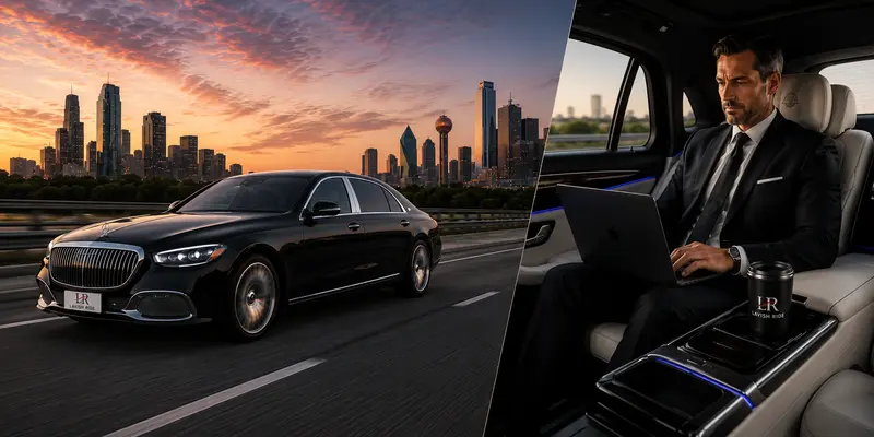 Business executive working on a laptop inside the rear cabin of a luxury sedan while a black Mercedes-Maybach travels along a highway toward the Dallas skyline at sunset, with the official Lavish Ride logo displayed on the front license plate and coffee cup.